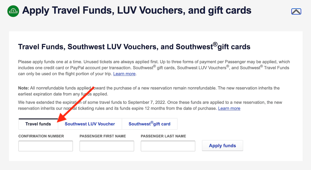 How to apply travel funds to a Southwest ticket