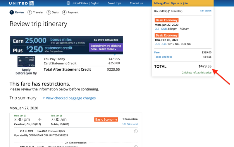 Matt's Flights Review: Final price on united from a matt's flights email