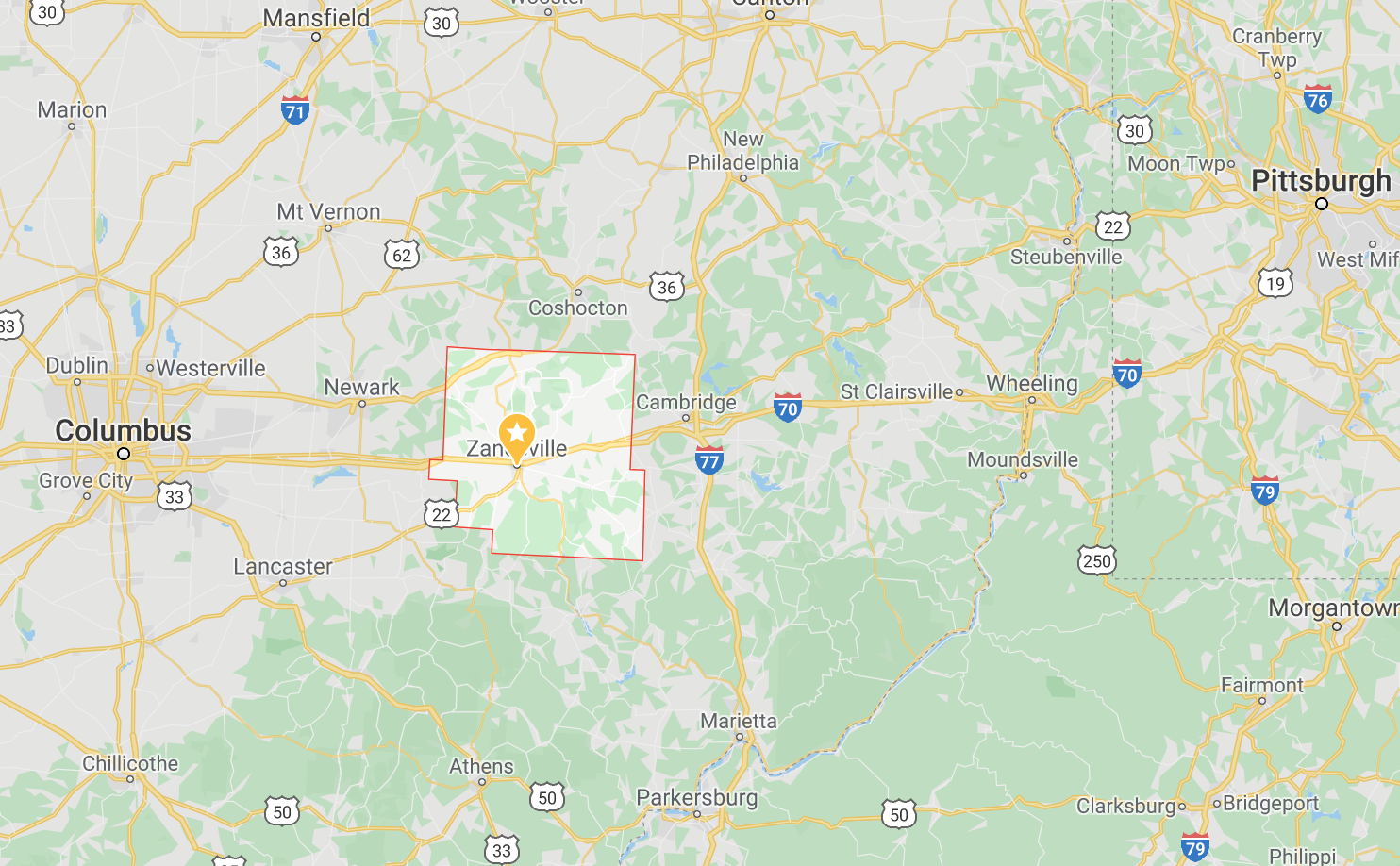 Location of Zanesville Muskingum County Ohio