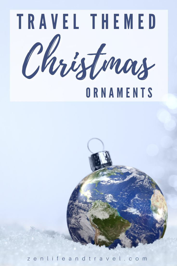 Travel Themed Christmas Ornaments | This gift guide will help you choose a fantastic travel Christmas ornament for yourself or a loved one. You'll find everything from globes and passports to whimsical Santa ornaments. You'll also find sections dedicated to destination themed ornaments and USA themed ornaments.
